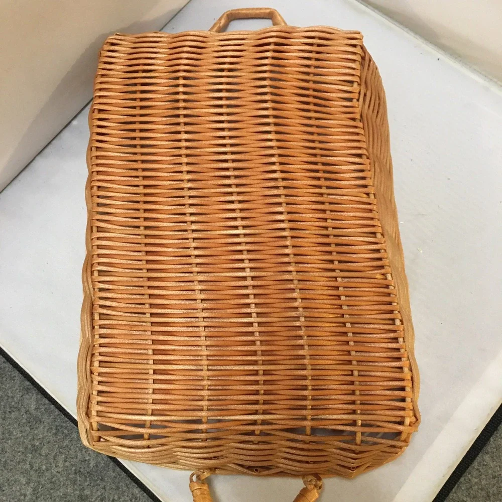 Woven Wicker Serving Tray Unisex Medium Tan Rectangular with Handles Cottagecore